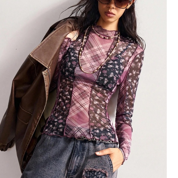 Boho Floral Plaid Print Reverse Stitch Long Sleeve Semi Sheer Top - Picture 5 of 6